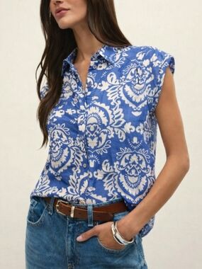 Staccato Blue and White Floral Print Button Front Blouse Size M